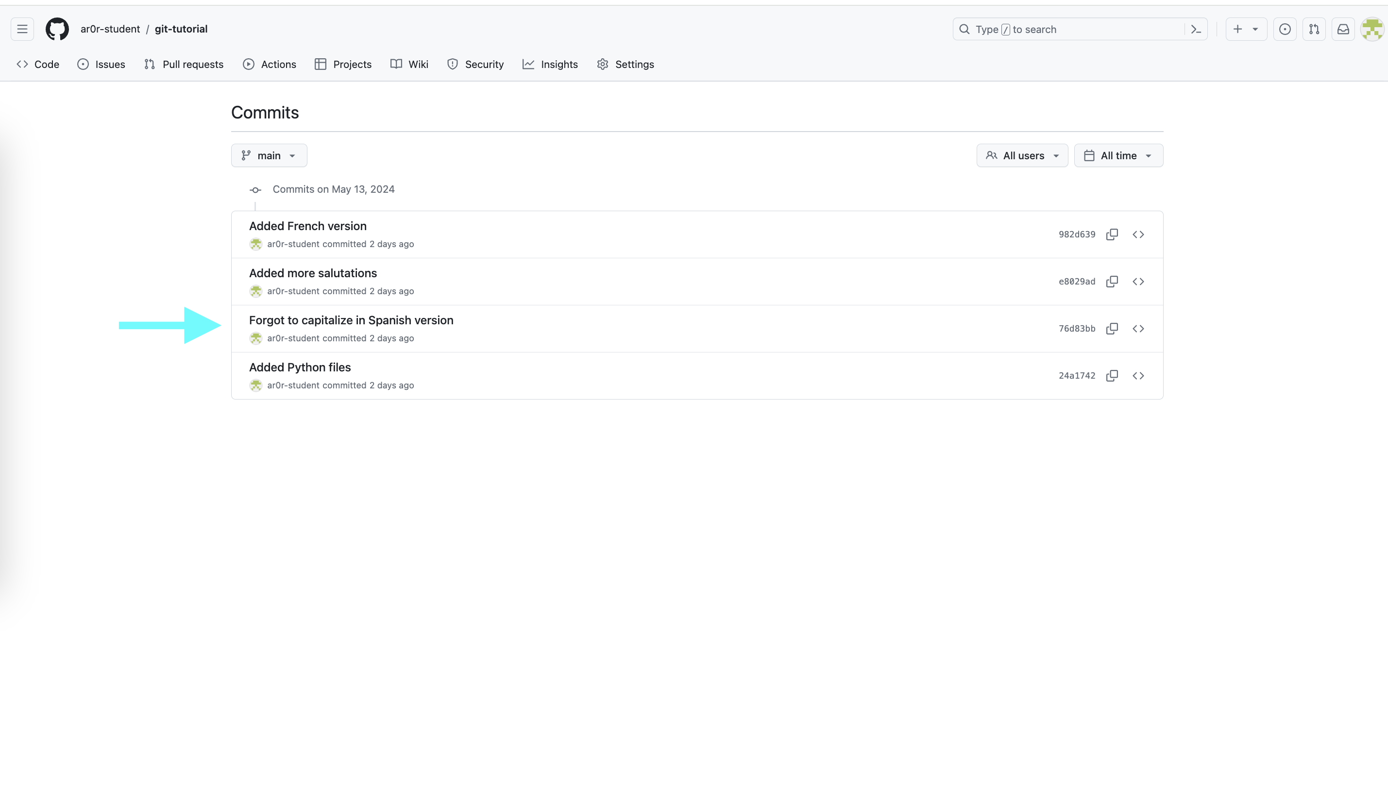 GitHub's commit history for git-tutorial, listing four commits from 'Added Python files' up through 'Added French version', each with its short SHA.
